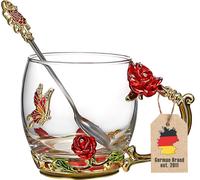 Intirilife Papillon Tasse à thé Tasse à fleurs Tasse à café 330 ml en verre résistant à la chaleur Set avec cuillère en or - rouge - violet - Cadeau parfait pour la fête des mères, anniversaire, maria