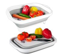 Intirilife Planche à découper multifonctionnelle pliable Egouttoir de 8L en gris - blanc avec boîte de rangement pour outils de coupe