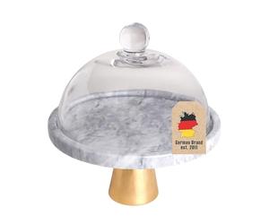 Intirilife Plateau à gâteaux avec couvercle en verre Présentoir à gâteaux avec pied doré en marbre - 24.8 x 16.8 cm - Plateau pour gâteaux Plateau rond de service pour pâtisseries