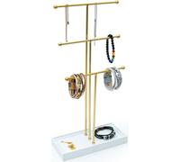 Intirilife Présentoir à bijoux 3 niveaux en or -47 cm de hauteur- métal -organisateur de bijoux, support de bijoux T-Bar- arbre à bijoux avec motif en marbre plateau carré- support pour colliers boucl