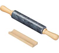 Intirilife Rouleau à pâtisserie en marbre avec support en noir - 46.5 cm - Rouleau à pâte, rouleau à pâtisserie, bois ondulé, en marbre naturel, pour étaler facilement la pâte, nettoyage facile