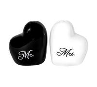 Intirilife Salière et Poivrière en Noir et Blanc en forme de cœur avec inscription Mr. & Mrs. - 5 x 3.5 x 5.5 cm - Cadeau, Déco, Sel et Poivre, Duo de moulins