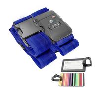 Intirilife Sangle à bagages avec serrure à combinaison et étiquette nominative en bleu - 200 - 100 x 5 cm / 145 - 171 x 5 cm - Sangle à bagages avec étiquette et serrure à combinaison TSA