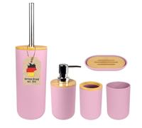 Intirilife Set d'accessoires de salle de bain en bambou rose -Set de 5 pièces, Gobelet pour brosse à dents Gobelet pour brosse à dents Porte-savon Distributeur de savon Brosse à toilettes avec support