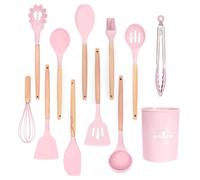 Intirilife Set de 12 ustensiles de cuisine en silicone rose - 12.5 x 32.5 cm - Antiadhésif et résistant à la chaleur avec pince fouet spatule pinceau louche