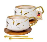 Intirilife Set de 2 tasses - Tasses en céramique au design marbré blanc et or - 200 ml à 300 ml - Tasses à café avec soucoupe en bois -Tasses à thé idée cadeau pour café thé cacao lait