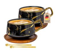 Intirilife Set de 2 tasses - Tasses en céramique au design marbré noir et or - 200 ml à 300 ml - Tasses à café avec soucoupe en bois - Tasses à thé idée cadeau pour café thé cacao tasse à lait