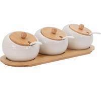 Intirilife Set de 3 boîtes à épices en porcelaine, sucrier en blanc - marron avec couvercle et cuillère - 30.5 x 12 x 8.5 cm - bol boîte distributeur avec plateau boîte à épices