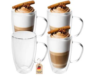 Intirilife Set de 4 Verres Thermiques à Double paroi -400-500ml- soufflés à la Bouche et isolés pour Cappuccino, Verres à thé Verres à café Tasses à Latte Macchiato, Effet de lévitation avec Anse