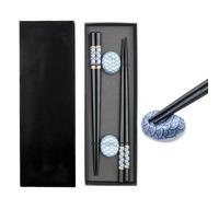 Intirilife Set de baguettes noires avec motif en éventail bleu - 2 paires de baguettes de 22,7 cm de long avec 2 supports de baguettes 3,5x2,8x1,4 cm - Baguettes réutilisables pour sushi Baguettes chi