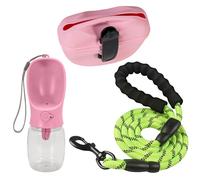 Intirilife Set laisse pour chien rose : sac à friandises & bouteille d'eau & laisse pour chien - sac à nourriture avec clip, bouteille d'eau, laisse réfléchissante pour animaux domestiques pour le dre