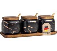 Intirilife Sucrier Set de 3 pièces avec couvercle et cuillère- Récipient à épices 3 pièces en céramique aspect marbre noir avec plateau en bois- Sel, poivre, épices Pots Bol Verres, boîtes à provision