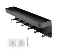 Intirilife Tableau à clés avec rangement en noir -24.5 x 6 cm- Autoadhésif sans percer - Tableau à clés, porte-clés, barre à clés - Barre à crochets pour le mur avec 6 crochets et surface de rangement