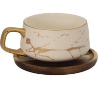 Intirilife Tasse en céramique au design marbré blanc - env. 200 ml - Tasse à café, tasse à thé avec soucoupe en bois Mug