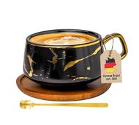Intirilife Tasse - Tasses en céramique au design marbré noir et or - 200 ml à 300 ml - Tasse à café avec soucoupe en bois - Tasse à thé Idée cadeau pour café thé cacao tasse à lait
