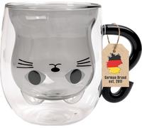 Intirilife Thermo Verre à double paroi avec design chat en noir - 200ml de contenance - Tasses isolées en verre résistant à la chaleur pour boissons froides et chaudes Tasse à café Tasse à thé Verre à