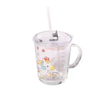 Intirilife Verre à boire pour enfants transparent avec couvercle, échelle et paille avec design licorne - 400 ml - Verre à boire avec poignée, avec motif mignon, boisson sans renversement sécurisée