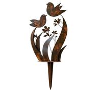 Introti Piquet de jardin en fer forgé pour oiseaux et fleurs sauvages avec finition rouille véritable, décoration florale, inserts de sol de style campagnard pour clôtures de pelouse avant et arrière