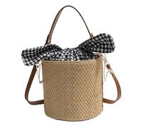 Introti Sac seau en paille tissée de grande capacité, sac fourre-tout décontracté, sac à main avec nœud papillon, sac à bandoulière élégant en paille d'été, sacs à main de vacances d'été, kaki