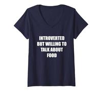 Introverti mais prêt à Parler de Nourriture T-Shirt avec Col en V, Femme, Bleu Marine, L