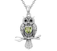 INURAN Collier en argent sterling 925 avec pendentif hibou avec pierre de naissance - Cadeau de Noël pour grand-mère, maman, amoureux des animaux, Argent sterling, Zircone cubique