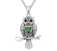 INURAN Collier en argent sterling 925 avec pendentif hibou avec pierre de naissance - Cadeau de Noël pour grand-mère, maman, amoureux des animaux, Argent sterling, Zircone cubique