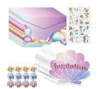 Invitation Anniversaire Fille,12 Cartes d'Invitation Anniversaire Thème Sirène pour Enfants avec Enveloppes et Autocollants- d'Invitation Sirène Coquillage en Français Cartes, tatouages de sirènes