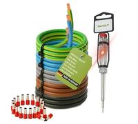 INVOLT H07V-K Câble de câblage 10 mm², lot de 5 x 2 m, conducteur unique noir, bleu, marron, gris, vert-jaune, avec 20 embouts de câble et testeur de tension.