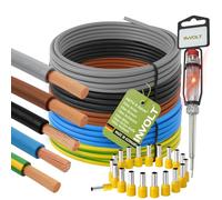 INVOLT H07V-K Câble de câblage 6 mm², jeu de 5 pièces, conducteur unique noir, bleu, marron, gris, vert-jaune avec embouts et testeur de tension (10 m + 100 embouts)