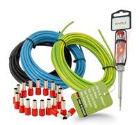 INVOLT H07V-K Jeu de câbles de câblage 10 mm², conducteur unique 1 m bleu et vert-jaune + 3 m noir avec 60 embouts de fil, kit de câblage pour armoire de compteur comprenant un testeur de phase