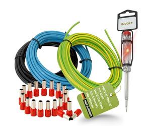 INVOLT H07V-K Jeu de câbles de câblage 10 mm², conducteur unique 1 m bleu et vert-jaune + 3 m noir avec 60 embouts de fil, kit de câblage pour armoire de compteur comprenant un testeur de phase