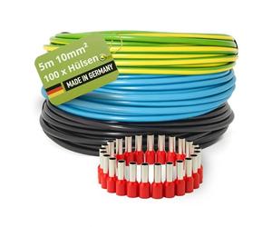 INVOLT H07V-K kit 10mm² 3x5m noir/bleu/vert-jaune, 100 embouts, VDE, Fabriqué en Allemagne