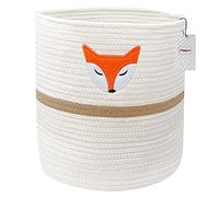 Inwagui Panier à Linge Tissé en Corde de Coton Motif Renard Panier de Rangement Grand avec Poignées pour Bébé Linges Sale Jouets Stockage Décoration Maison, 30x30H cm, Blanc
