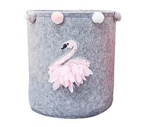Inwagui Panier de Rangement Pliable Bébé Sac en Feutre Gris Corbeille à Linge avec Pompon Déco pour Chambre d'enfant, Jouet, Vêtements, Magazines et Journaux - Cygne Rose