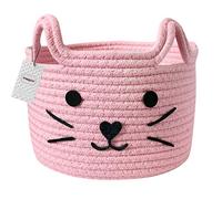 Inwagui Panier de Rangement Pliable Corde de Coton Boîte de Rangement Rond Motif Chat Panier de Stockage Organiseur de Jouets, Corbeille Décorative pour Chambre d'enfant, Étagère, Bureau - Rose
