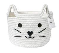 Inwagui Panier de Rangement Pliable Corde de Coton Boîte de Rangement Rond Motif Chat Panier de Stockage Organiseur de Jouets, Corbeille Décorative pour Chambre d'enfant, Étagère, Bureau - Blanc