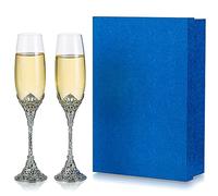 Inweder Lot de 2 flûtes à champagne en cristal avec base en métal avec pierres de cristal, verres à griller argentés, cadeau pour mariée et marié, anniversaire, fête, 200 ml