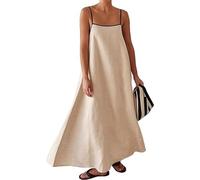 INXKED Womens Linen Maxi Dress Contrast Trim Spaghetti Straps Summer Outfits Sleeveless Long Dresses Travel Vacation (02,L)