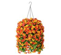 INXUGAO Fleurs artificielles avec panier suspendu, plantes artificielles d'extérieur en soie, arrangement vert artificiel pour jardin, terrasse, décoration printemps-été (4 pièces, orange)