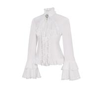 Inzegao Blouses vintage pour femme, t-shirt évasé à manches longues, chemise en dentelle à volants et col montant Lolita, blanc, XX-Small