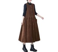 Inzegao Robe débardeur boutonnée en velours côtelé pour femme, robe midi côtelée sans manches avec poches, marron, Taille L