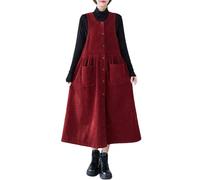 Inzegao Robe débardeur boutonnée en velours côtelé pour femme, robe midi côtelée sans manches avec poches, rouge foncé, Taille L