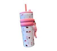 Ioensy Gobelet Isotherme En Acier Inoxydable avec Paille, Motif Dessin Animé, Idéal pour Les, Les Anniversaires, Le Bureau, Les Pique-niques et La Ma, Petite Fleur Rose