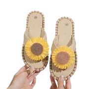 IOEUIWP Little Daisy Women's Linen Flip Flop Open Toe Lightweight Flat Casual Sandals Outdoor Beach Shoes Pour l'intérieur et l'extérieur(Yellow,38)