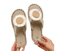 IOEUIWP Little Daisy Women's Linen Flip Flop Open Toe Lightweight Flat Casual Sandals Outdoor Beach Shoes Pour l'intérieur et l'extérieur(Khaki,38)