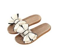 IOEUIWP Women Summer Casual Slides Comfortable Flax Slippers Striped Bow Linen Flip Flops Platform Sandals Pour l'intérieur et l'extérieur(Beige,35-36)