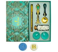 Ioggtser Tampon à Cire Alphabet D - Kit Avec Tête en Cuivre, Poignée en Fer, 60 Perles de Cire, Cuillère de Fusion en Bois, 2 Bougies et Stylo