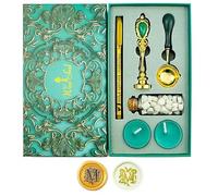 Ioggtser Tampon à Cire Alphabet M - Kit Avec Tête en Cuivre, Poignée en Fer, 60 Perles, Cuillère de Fusion en Bois, 2 Bougies et Stylo