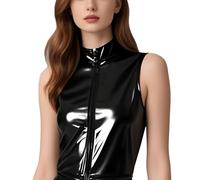 IOKUKI Chemises en Latex pour Femmes,Gilet sans Manches Latex Noir avec Fermeture éclair à l'avant,Convient aux Vêtements Club-L