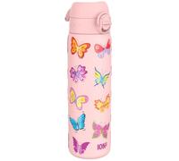 Ion8 Gourde Inox Léger, 600ml, Non Isolé, Anti-Fuite, Facile à Ouvrir, Verrouillage Sécurisé, Lavable au Lave-Vaisselle, Poignée de Transport, Durable, Acier Inoxydable, Papillons